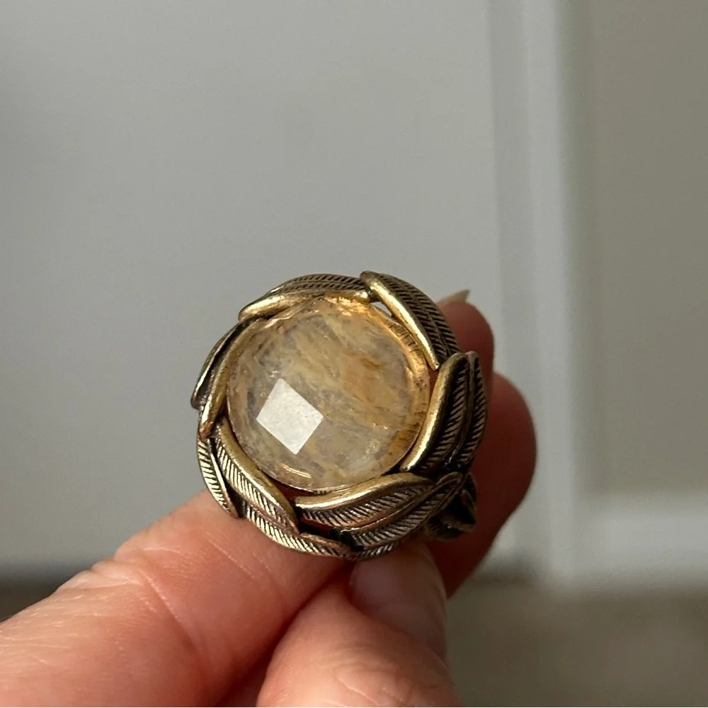 Vintage Bronze Rutilated Quartz Large Cocktail Ring Adjustable Band Gold Toned